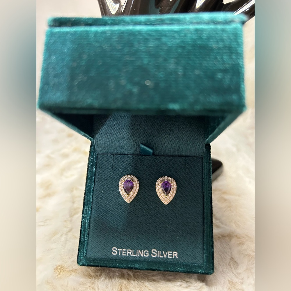 NIB Simply Silver Sterling Silver Teardrop Amethyst Halo Stud Earrings - Purple